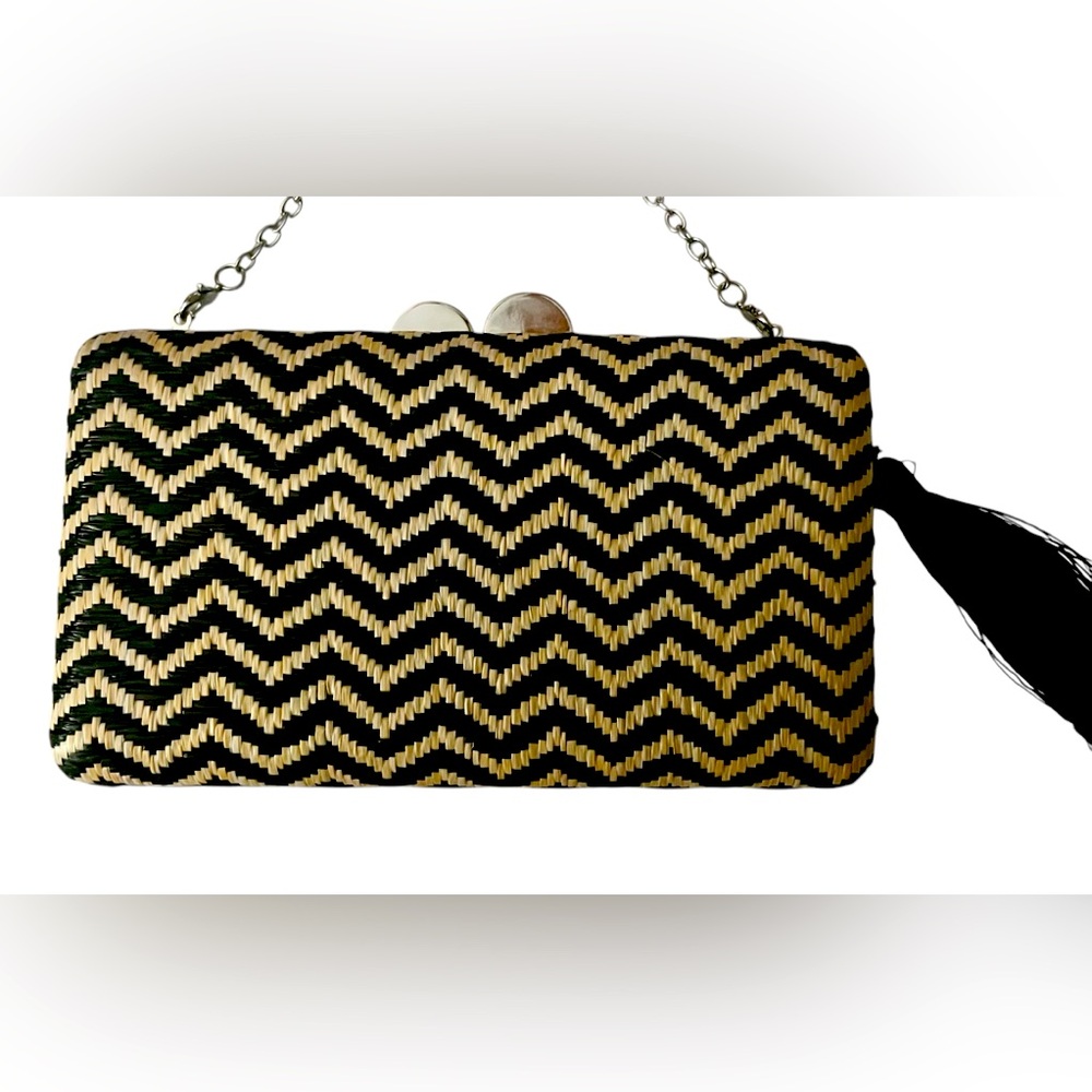 Antonio Melani Chevron stripe straw clutch handbag with silver chain